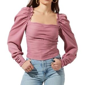 Astr Pink Puff Sleeve Ruched Blouse